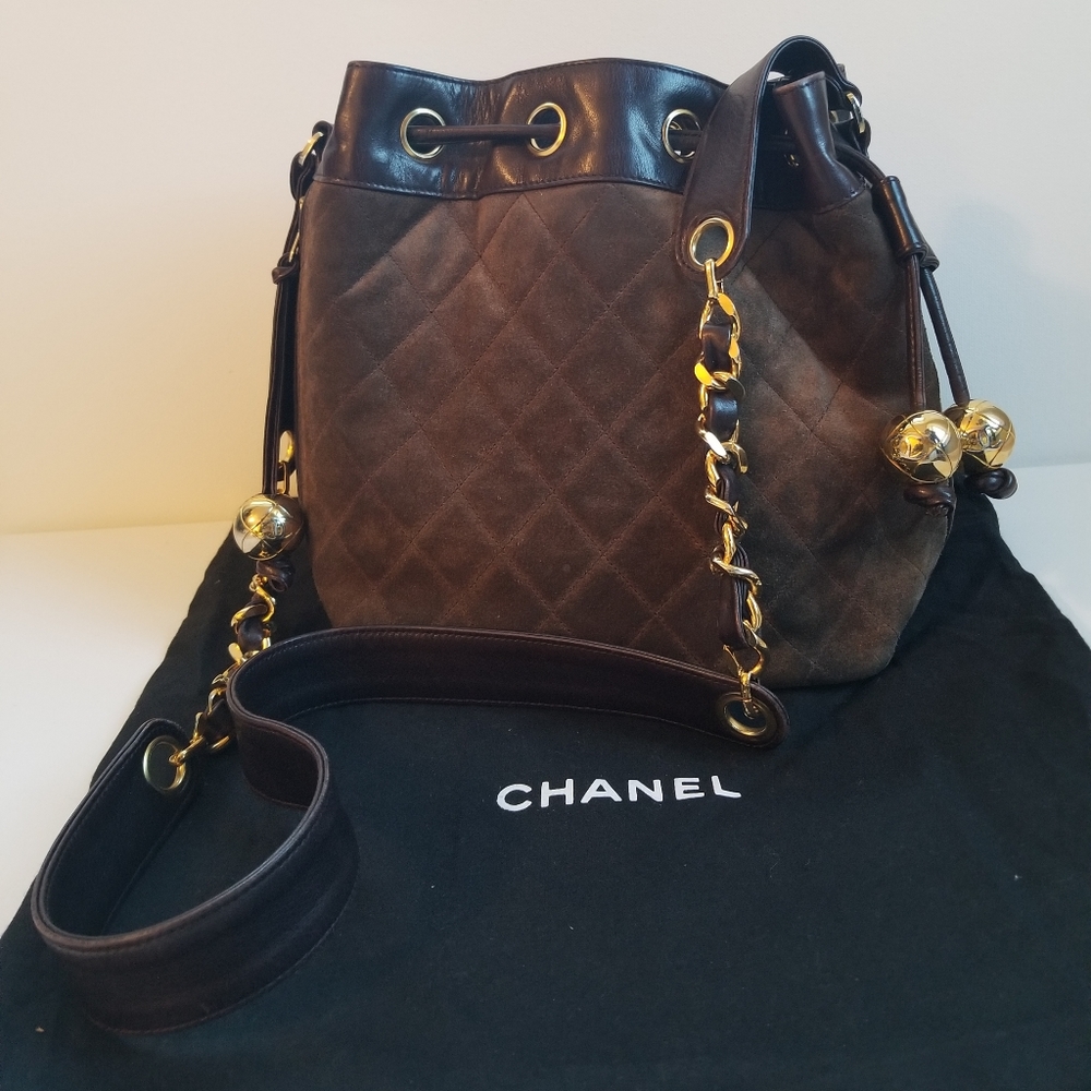 CHANEL Drawstring Bucket Bag, Brown Suede and Leather, CC Logo Gold Balls